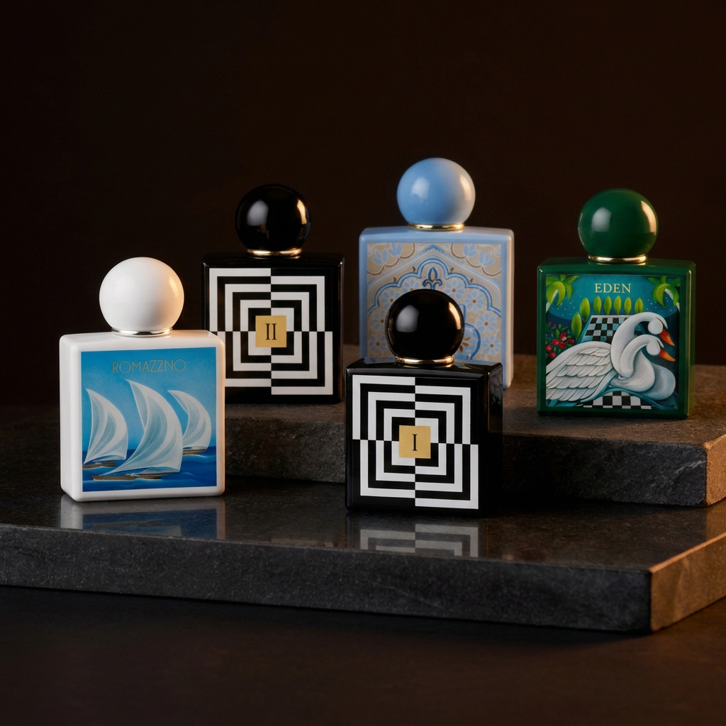Selezione di fragranze Adamo Parfum delle collezioni Roman, Costiera e Immaginario